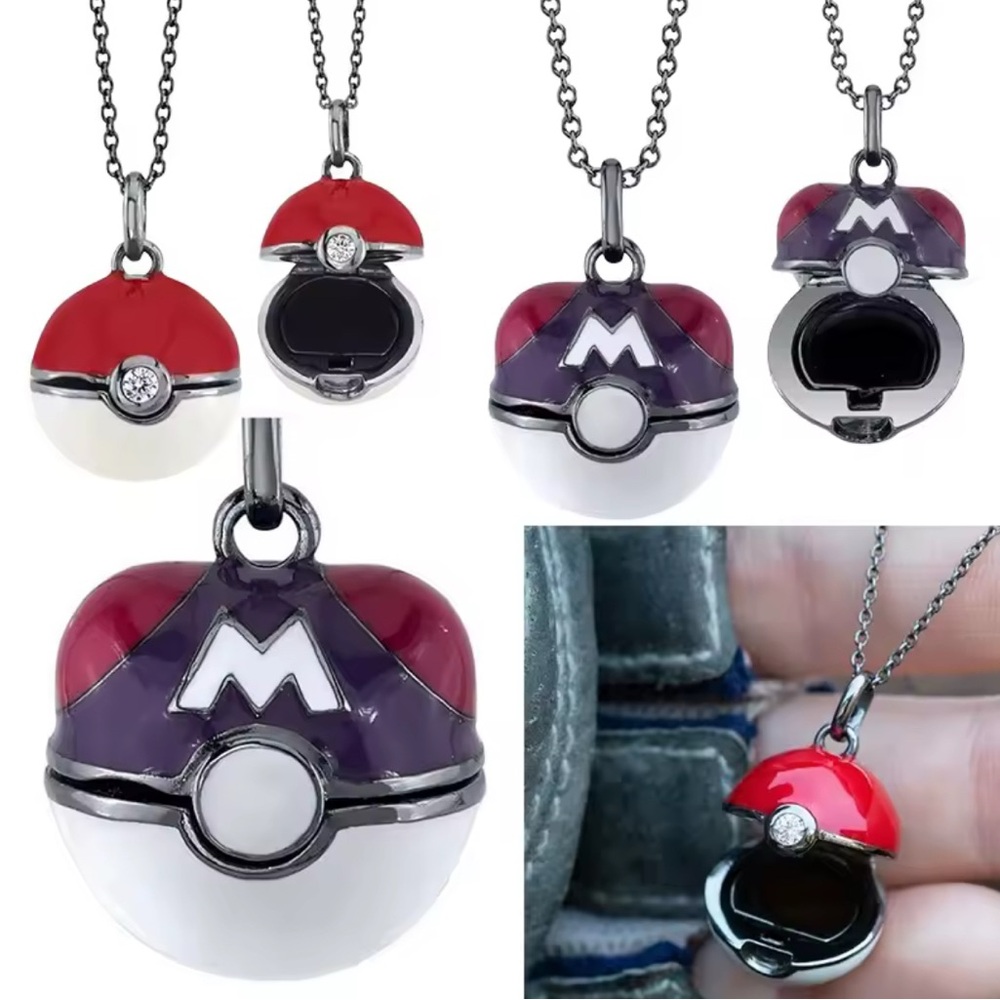 Black Sterling Silver Pokemon Master Pokeball Enameled Opening Poison Necklace - Picture 4 of 4